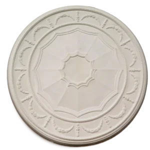 Plaster ceiling rose with central panel and decorative swag and drop pattern, cornice restoration, Glasgow