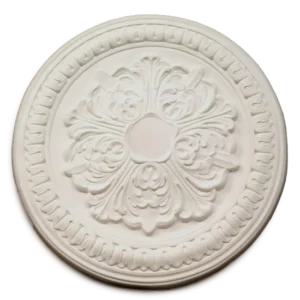 Decorative Adam-style plaster ceiling rose with detailed fluting and bold floral scrollwork, original cornice repairs, Glasgow