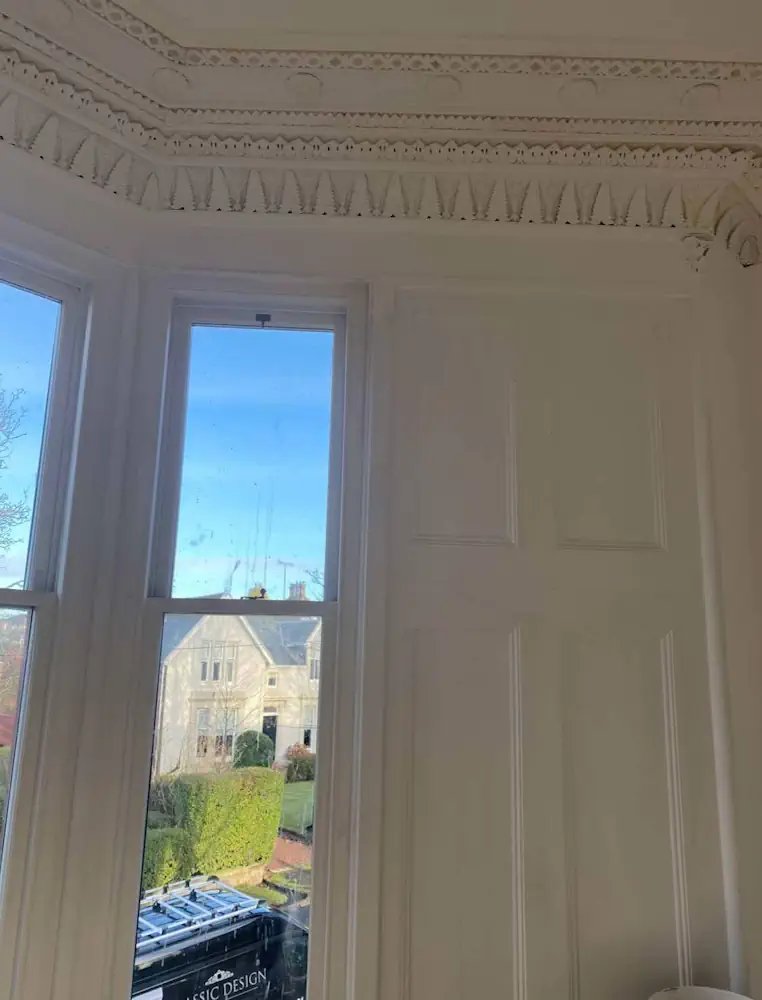 Interior shot showing decorative ceiling cornice above bay windows – Plaster cornice – Glasgow