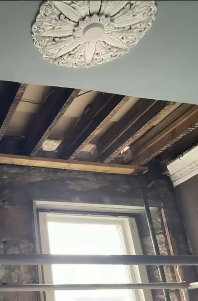 Ceiling stripped back to joists for restoration – lath & plaster ceiling repair Glasgow