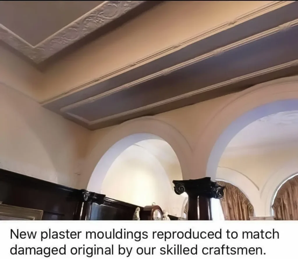 Restored ceiling with reproduced plaster mouldings – cornice restoration – Glasgow