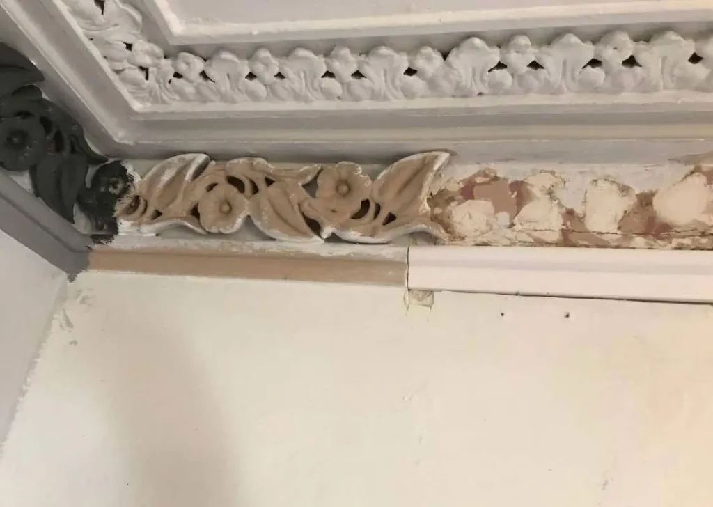 Decorative plaster cornice restoration in progress – ornamental plaster Glasgow